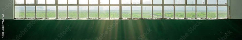Fototapeta premium Confinement and Hope Rural Field View through Prison Cell Window at Sunrise, Symbolizing Longing for Freedom and Open Spaces