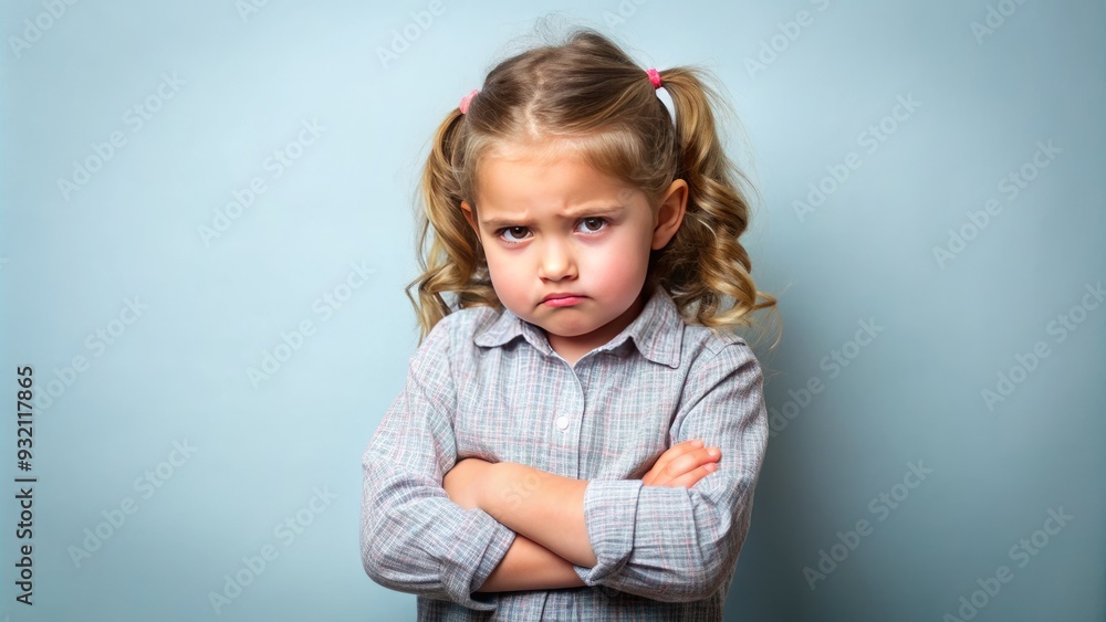Frustrated child crosses arms, furrows brow, and pouts with lips pursed, conveying discontent and dissatisfaction in a relatable, exaggerated display of whiny behavior. Frustrated child crosses arms, furrows brow, and pouts with lips pursed, conveying discontent and dissatisfaction in a relatable, exaggerated display of whiny behavior.