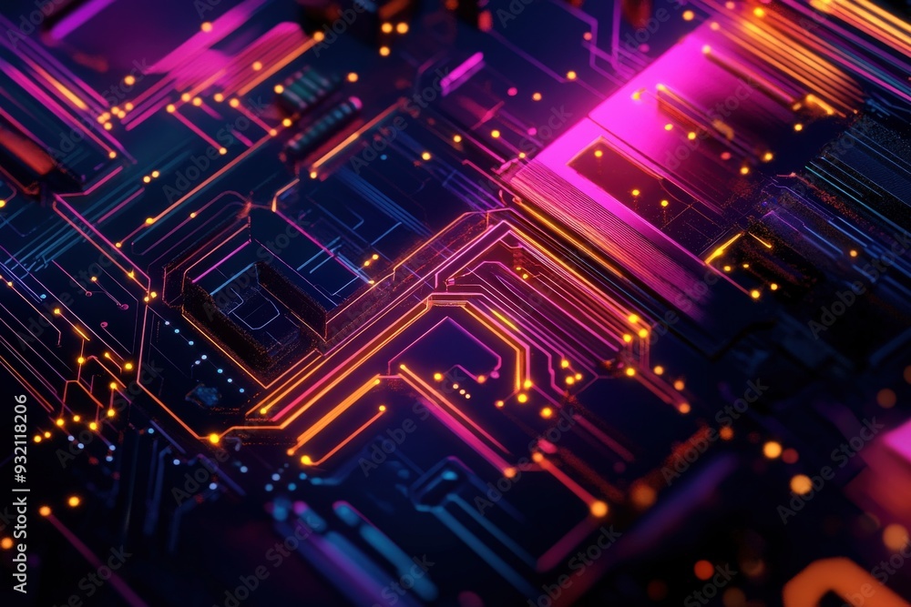 Futuristic circuit board glowing with vibrant neon colors at night Futuristic circuit board glowing with vibrant neon colors at night