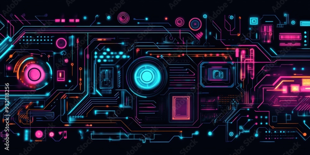 Futuristic sci-fi circuits glowing with neon colors at night Futuristic sci-fi circuits glowing with neon colors at night