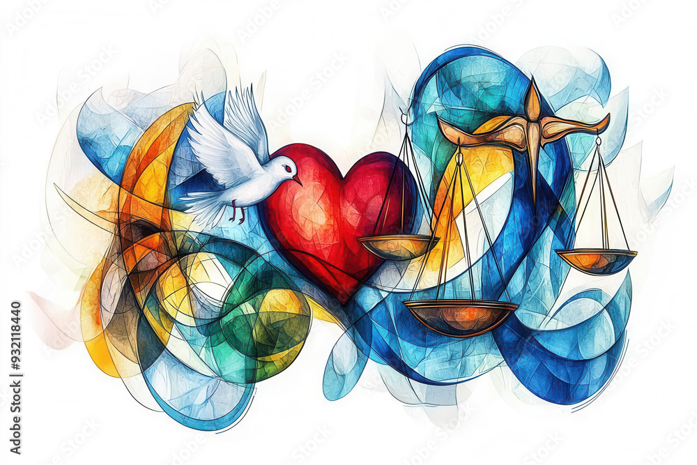 An abstract depiction of human rights symbols like scales of justice
