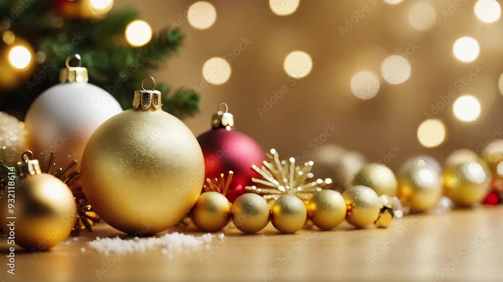 Christmas composition with a fir branch and Christmas balls on a golden background. Christmas toys shimmer and sparkle. Christmas composition with a fir branch and Christmas balls on a golden background. Christmas toys shimmer and sparkle.