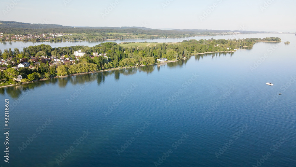 Panoramic top view across the Bodensee Radolfszell village area Panoramic top view across the Bodensee Radolfszell village area