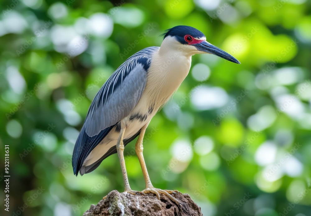 Fototapeta premium Australian black-crowned night heron stands on the edge of a tree trunk