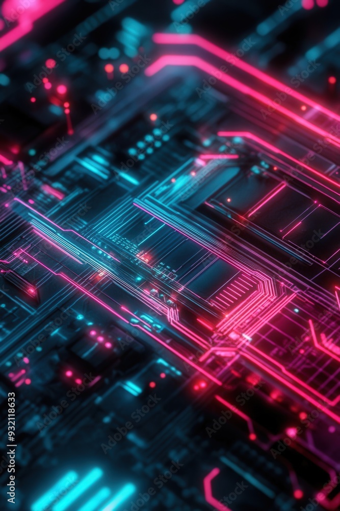 Futuristic circuit board with vibrant neon colors in a sci-fi setting Futuristic circuit board with vibrant neon colors in a sci-fi setting
