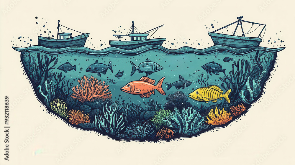Naklejka premium Sustainable fishing guidelines flat design from top view, ocean conservation cartoon, drawing triadic color scheme