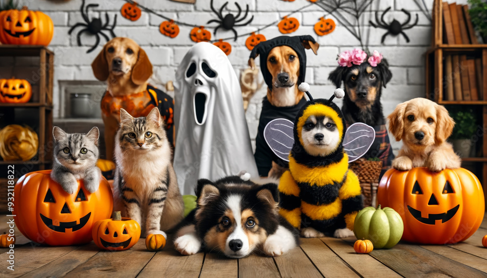 A group of dogs and cats dressed in Halloween costumes are posing for a picture. Scene is festive and playful, as the animals are dressed up in costumes and surrounded by pumpkins A group of dogs and cats dressed in Halloween costumes are posing for a picture. Scene is festive and playful, as the animals are dressed up in costumes and surrounded by pumpkins