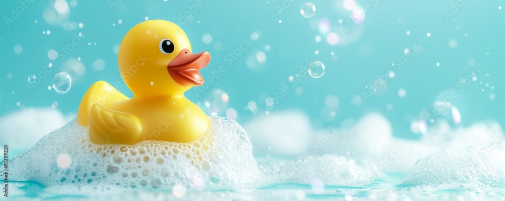 Yellow rubber duck in a soap foam on the light turquoise background with flying soap bubbles. Copy space Yellow rubber duck in a soap foam on the light turquoise background with flying soap bubbles. Copy space