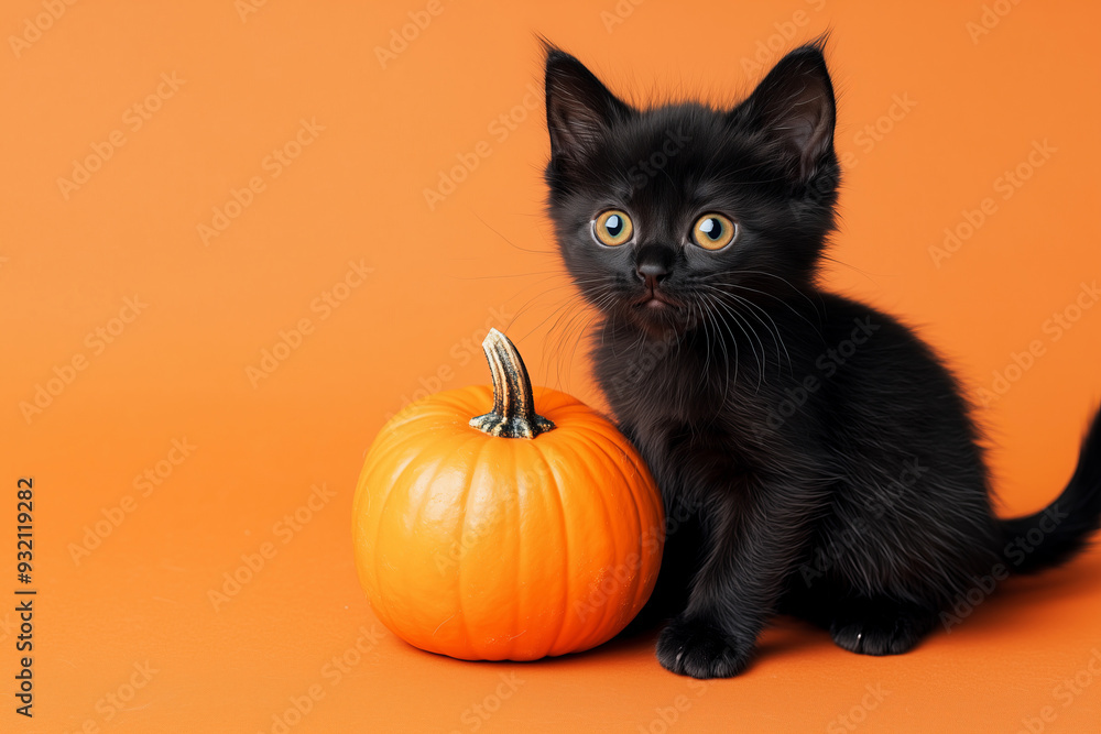 Black Kitten Sitting Beside Small Orange Pumpkin on Halloween-Themed Background Black Kitten Sitting Beside Small Orange Pumpkin on Halloween-Themed Background