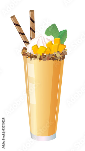 Glass of mango milkshake with a whipped cream. Mango smoothie