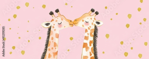 Cute giraffes in love on pink background with gold accents, romantic illustration photo