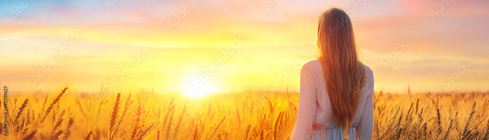 Fototapeta premium A woman stands in a field of tall grass, looking out at the sun as it sets. The scene is serene and peaceful, with the woman's long hair blowing in the wind