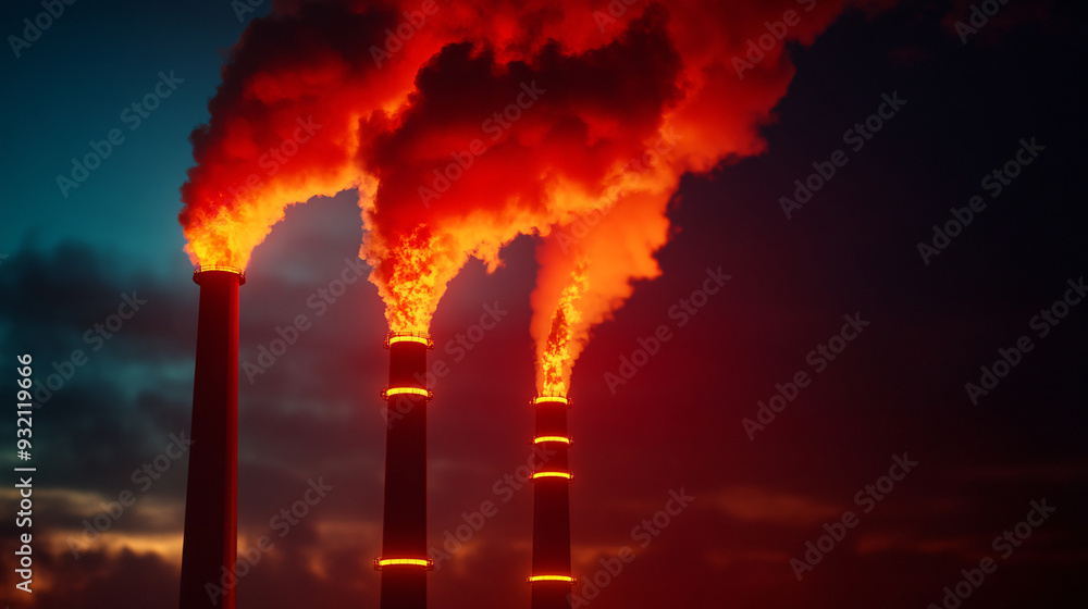 Obraz premium Three tall smokestacks with orange flames coming out of them. The sky is dark and cloudy