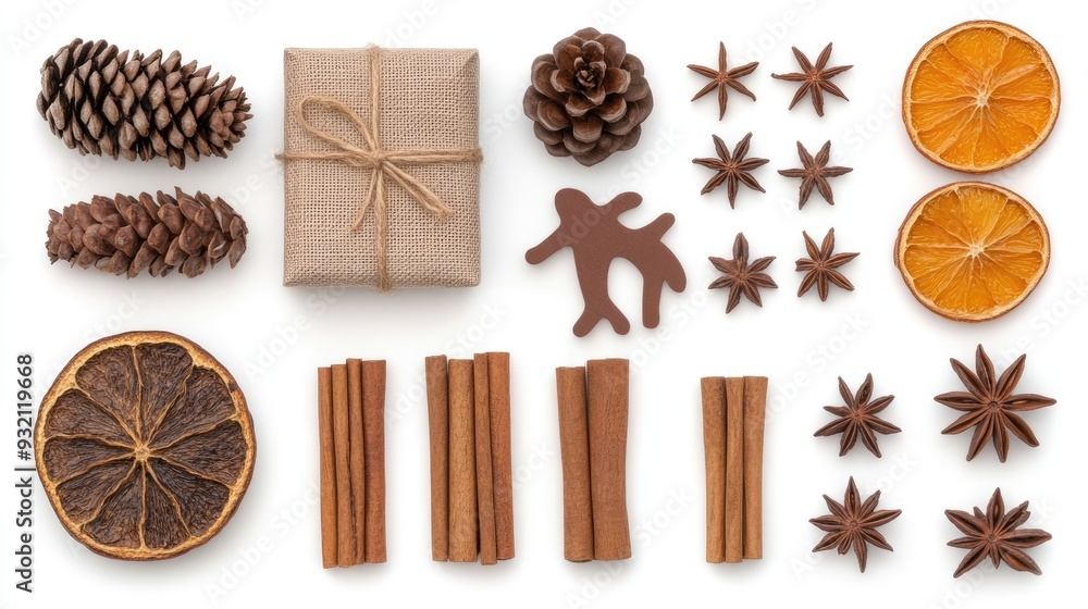 A beautifully arranged flat lay featuring gift wrapped in beige fabric surrounded by wooden decorations, dried orange slices, and pine cones for a festive touch A beautifully arranged flat lay featuring gift wrapped in beige fabric surrounded by wooden decorations, dried orange slices, and pine cones for a festive touch