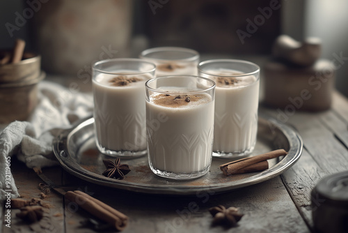 Warm Spiced Milk in Vintage Glasses with Cinnamon and Star Anise, Cozy Winter Drink photo