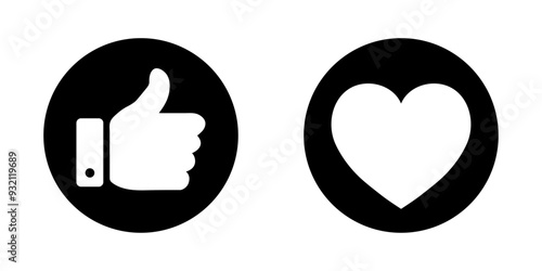 Thumb up and heart icon in black color. Like and love heart icon button. Vector illustration.