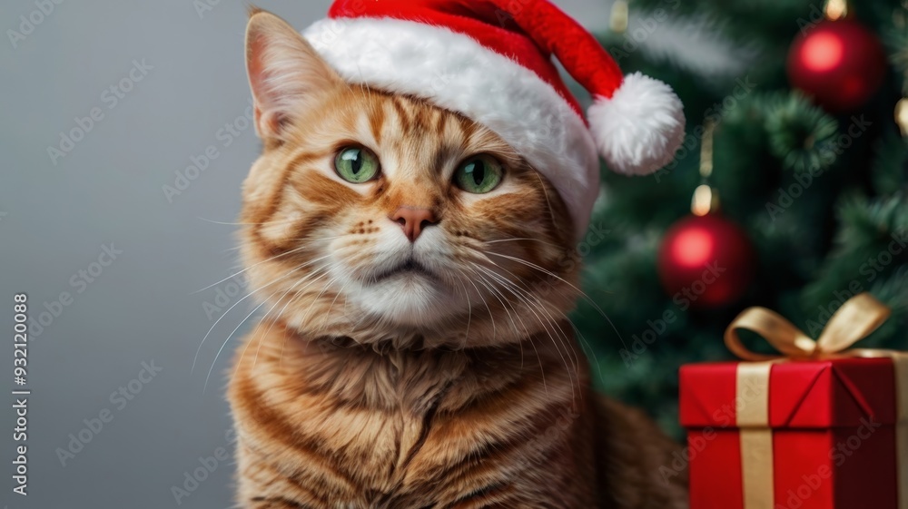 A ginger cat adorned with a Santa hat sits beside a beautifully decorated Christmas tree, embodying festive cheer. A ginger cat adorned with a Santa hat sits beside a beautifully decorated Christmas tree, embodying festive cheer.