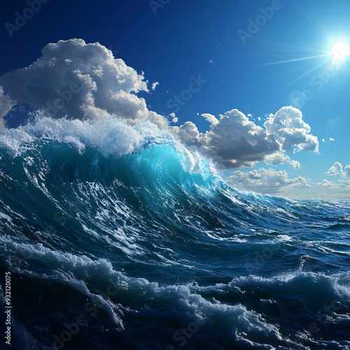 A large wave is crashing into the ocean, with a bright blue sky in the background. Scene is one of power and energy, as the wave seems to be in full force