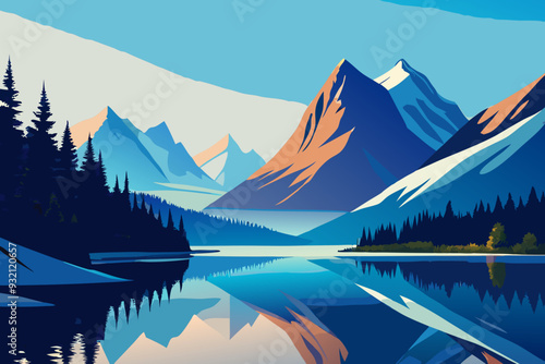 A serene lake reflecting majestic mountains under a clear blue sky, creating a picturesque natural landscape