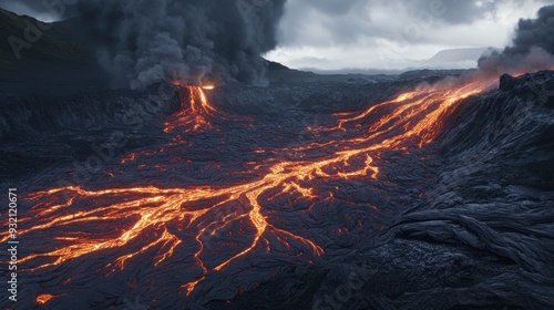 Lava flows from an active volcano creating intricate patterns against a dark volcanic landscape with rising smoke