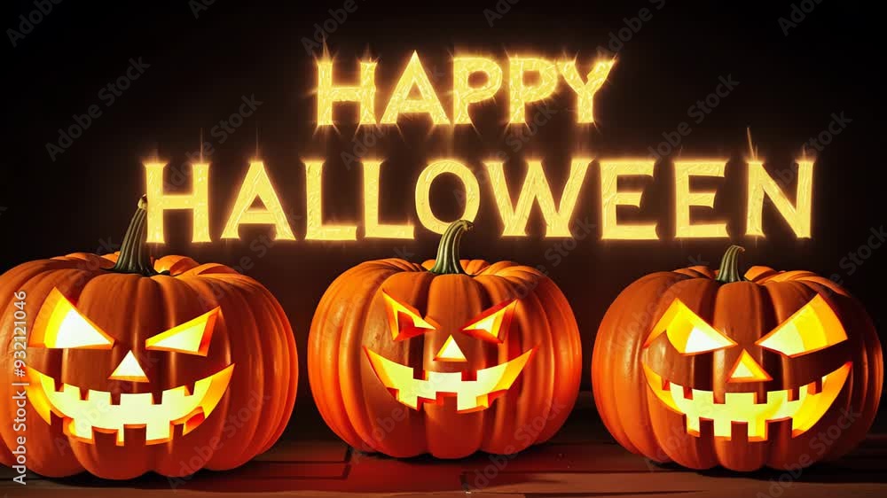 Halloween pumpkins with spooky faces glowing in the dark. Footage with Happy Halloween text in fire letters Halloween pumpkins with spooky faces glowing in the dark. Footage with Happy Halloween text in fire letters