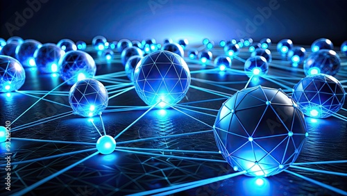 Glowing blue 3D spheres interconnected to form a network, representing a strong and connected customer base, symbolizing business growth and loyalty.