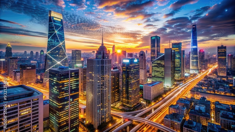 Obraz premium Glowing cityscape at dusk with sleek skyscrapers, bustling streets, and vibrant neon lights, symbolizing power, finance, and global business networks.