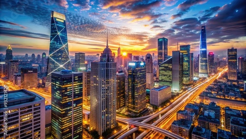 Glowing cityscape at dusk with sleek skyscrapers, bustling streets, and vibrant neon lights, symbolizing power, finance, and global business networks.