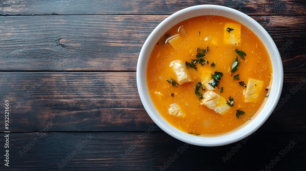 Delicious salmon soup in white bowl on rustic table, garnished with fresh parsley. Perfect for showcasing homemade cuisine Delicious salmon soup in white bowl on rustic table, garnished with fresh parsley. Perfect for showcasing homemade cuisine