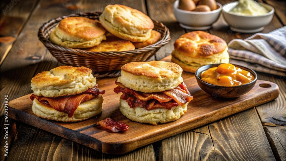 Golden-brown biscuits, crispy strips of bacon, and perfectly cooked eggs, arranged artfully on a rustic wooden table, exuding a warm and inviting country breakfast atmosphere. Golden-brown biscuits, crispy strips of bacon, and perfectly cooked eggs, arranged artfully on a rustic wooden table, exuding a warm and inviting country breakfast atmosphere.