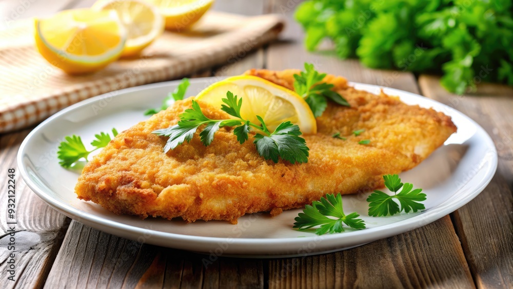 Golden crispy fried fish fillet served on a white plate with lemon wedges and fresh parsley, against a blurred kitchen background. Golden crispy fried fish fillet served on a white plate with lemon wedges and fresh parsley, against a blurred kitchen background.