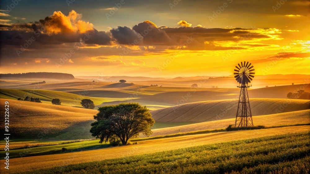 Fototapeta premium Golden hour casts a warm glow on rolling hills and vast fields of farmland, accentuating the dramatic silhouette of a lone windmill in the distance.