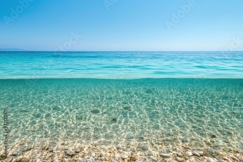 beach is clear and calm, with shallow water at the edge of the sea level