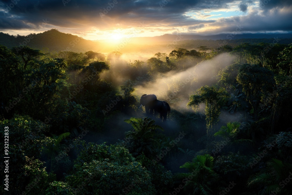 A picturesque view of a jungle at sunrise, with a dense mist hanging over the trees and two majestic elephants gracefully grazing, offering a serene natural scene. A picturesque view of a jungle at sunrise, with a dense mist hanging over the trees and two majestic elephants gracefully grazing, offering a serene natural scene.