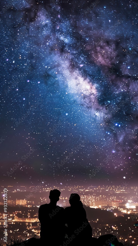 A couple enjoys the breathtaking view of the starry sky above a cityscape under a clear night A couple enjoys the breathtaking view of the starry sky above a cityscape under a clear night