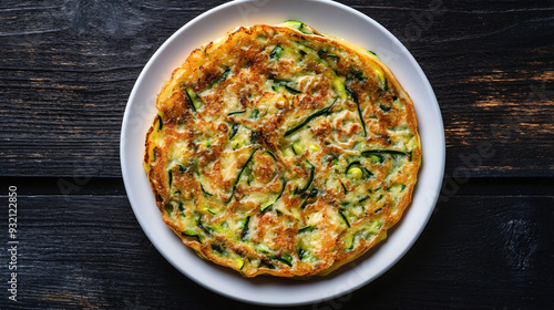 Delicious and healthy round zucchini fritter elegantly displayed on a white plate, set against a black wooden table, ideal for lunch, dinner, or a snack option