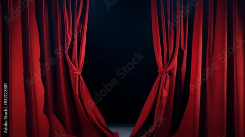 Red theatre curtains slightly parted to reveal a dark background. Concept: anticipation before a performance or event