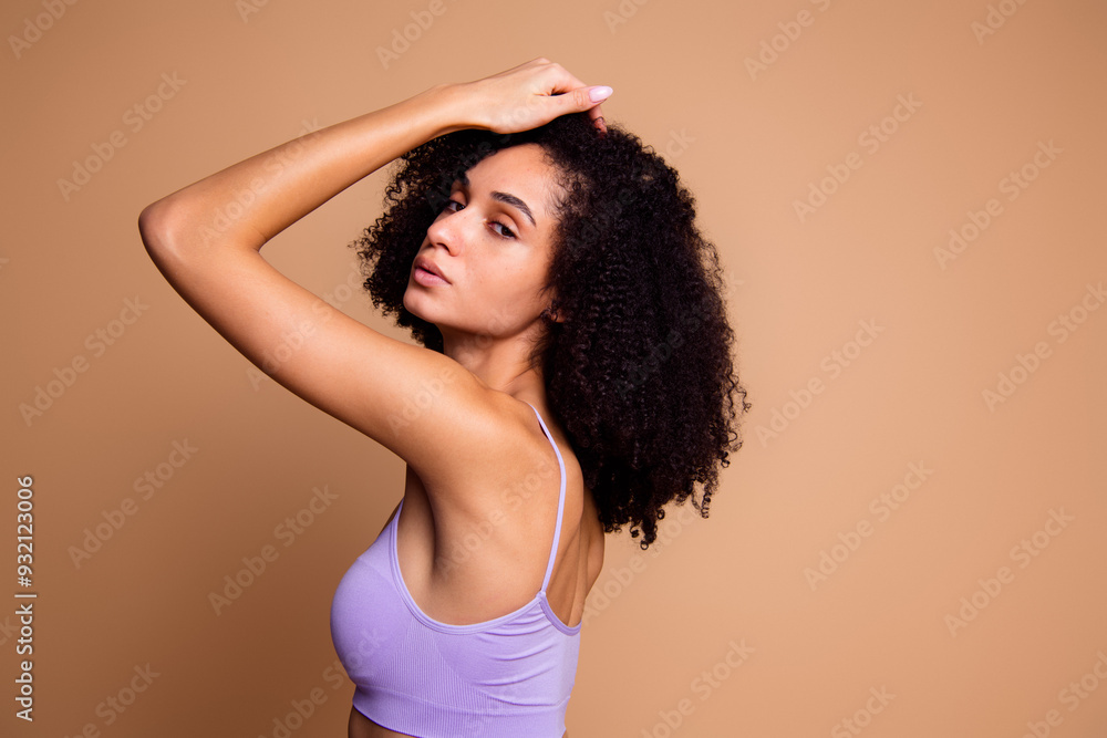No retouch photo of charming lovely girl flawless healthy skin procedure isolated on beige color background No retouch photo of charming lovely girl flawless healthy skin procedure isolated on beige color background