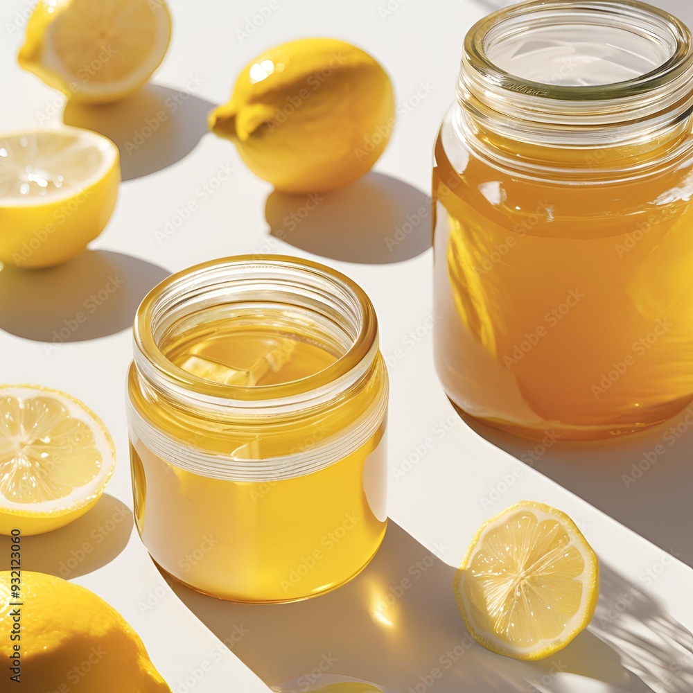 Sliced Lemon and Honey Jar on a White Table Sliced Lemon and Honey Jar on a White Table