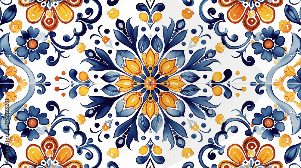 Decorative ceramic tile with an elaborate floral pattern in blue, yellow, and orange. The detailed design showcases a symmetrical arrangement, perfect for adding a classic touch to any space. Decorative ceramic tile with an elaborate floral pattern in blue, yellow, and orange. The detailed design showcases a symmetrical arrangement, perfect for adding a classic touch to any space.