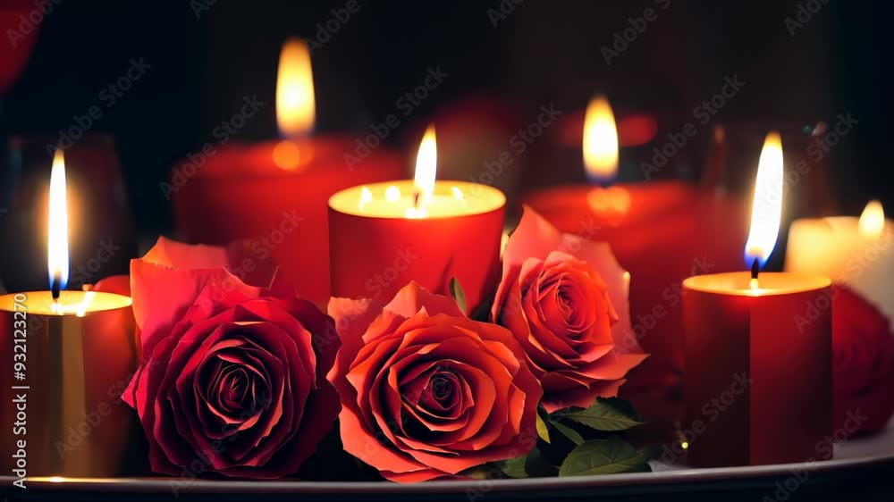 Romantic composition of burning red candles and roses Romantic composition of burning red candles and roses