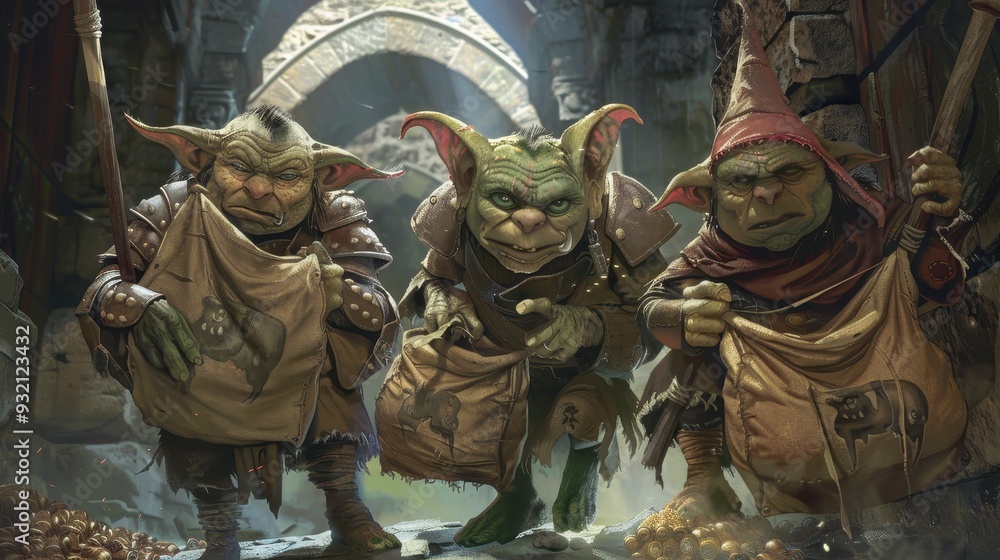 Fototapeta premium Three goblins stealthily gather treasure in an ancient vault as shadows deepen around them