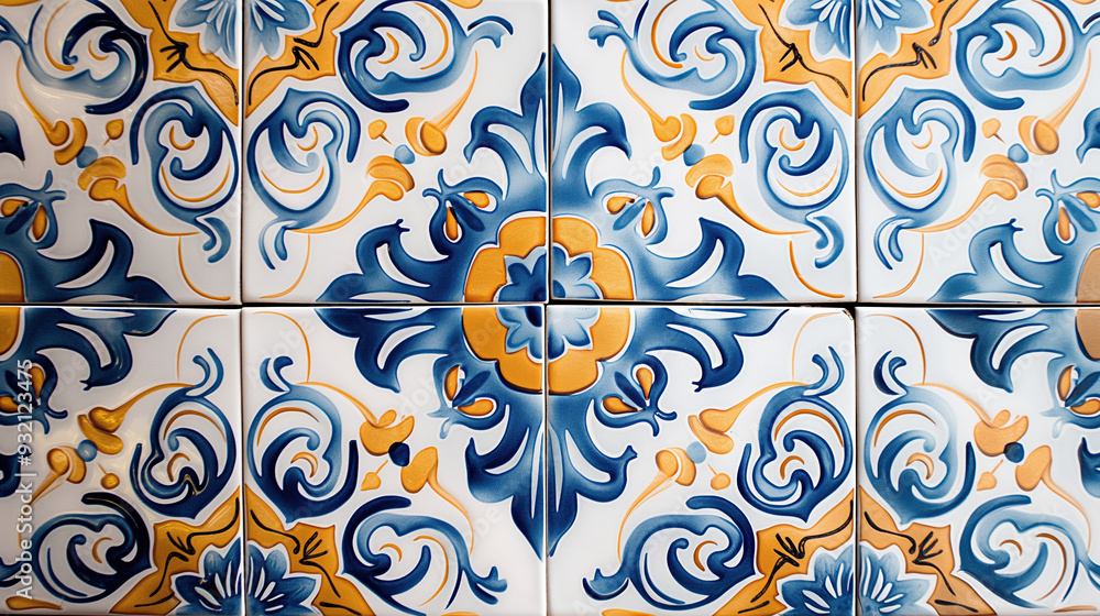 Close-up of ceramic tiles with an elaborate blue and yellow floral pattern. The design features swirling motifs and floral elements, creating a classic and vibrant look. Close-up of ceramic tiles with an elaborate blue and yellow floral pattern. The design features swirling motifs and floral elements, creating a classic and vibrant look.