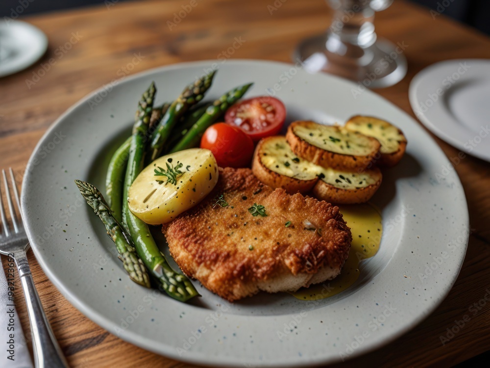 Golden Breaded Cutlet with Asparagus, Potatoes, and Cherry Tomatoes Golden Breaded Cutlet with Asparagus, Potatoes, and Cherry Tomatoes