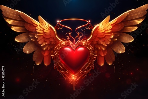 Raster version. Heart in fiery wings, a color illustration on a black background 