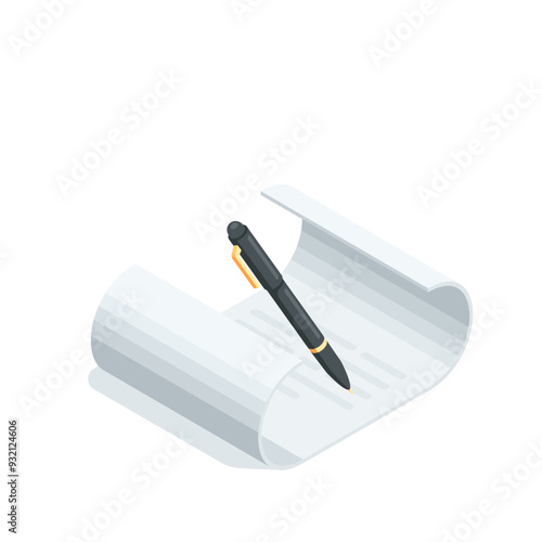 isometric vector document icon and pen, in color on a white background, paper document and signature pen
