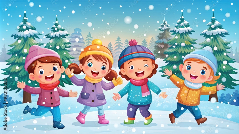 Happy cartoon children bundled up in winter gear, playing and laughing together in a snowy forest, surrounded by colorful trees and sparkling snowflakes. Happy cartoon children bundled up in winter gear, playing and laughing together in a snowy forest, surrounded by colorful trees and sparkling snowflakes.