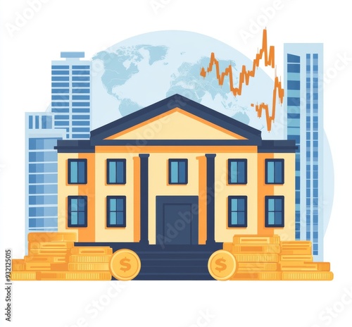 Illustration of a bank building with golden coins and stock market graph