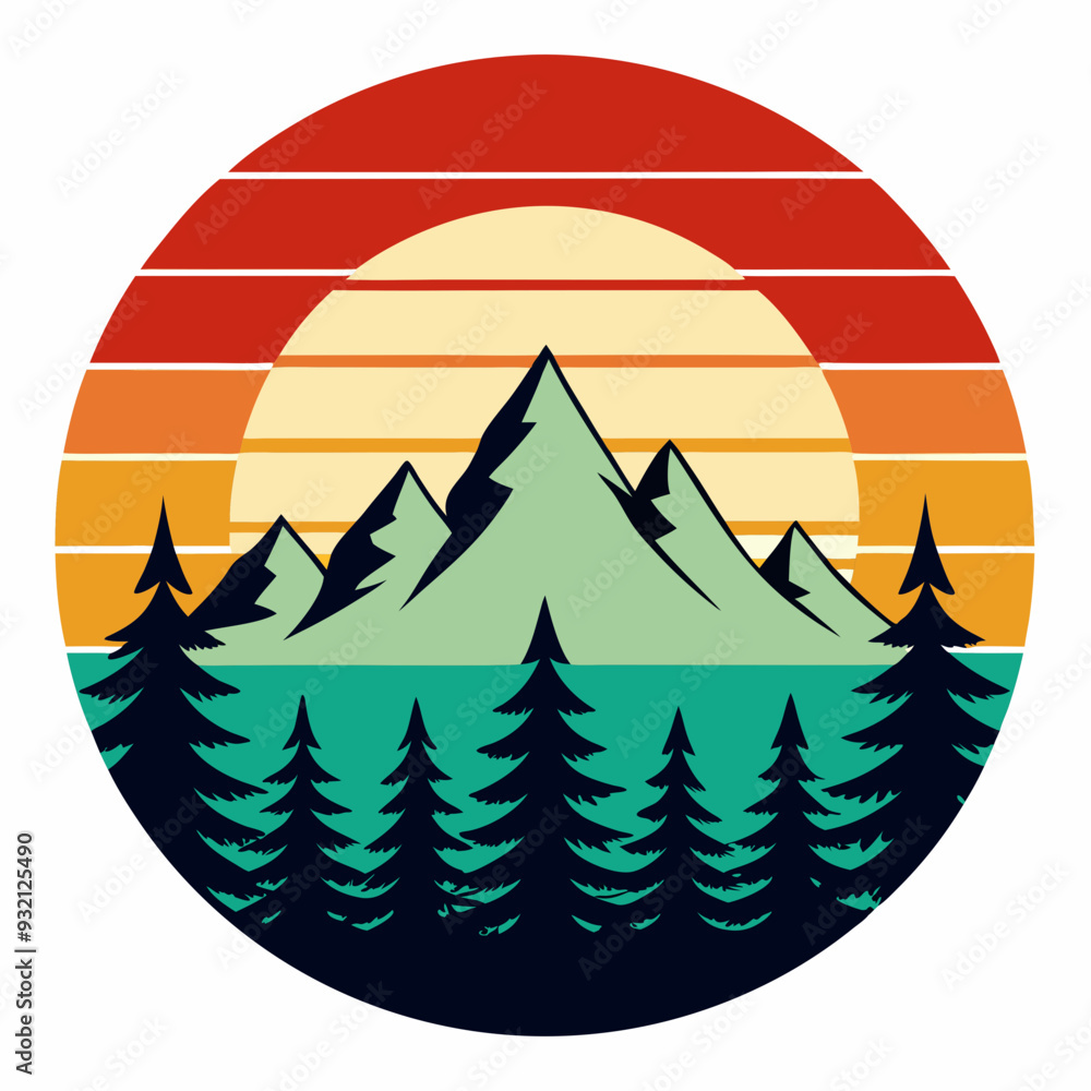Obraz premium Vintage Sunset with Pine Trees and Mountain Reflection Art vector illustration