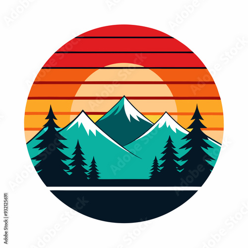 Vintage Sunset with Pine Trees and Mountain Reflection  Art vector illustration